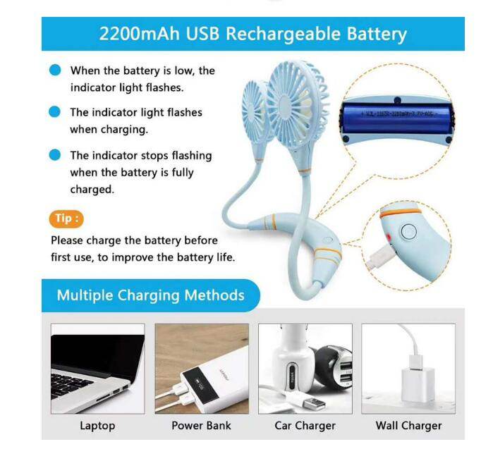 Rechargeable Hands-Free Neck Hanging Sports 3 Gears Fan Wearable Portable USB Flexible Rechargeable Neckband Mini Desk Fan Air - MarvelouStoree