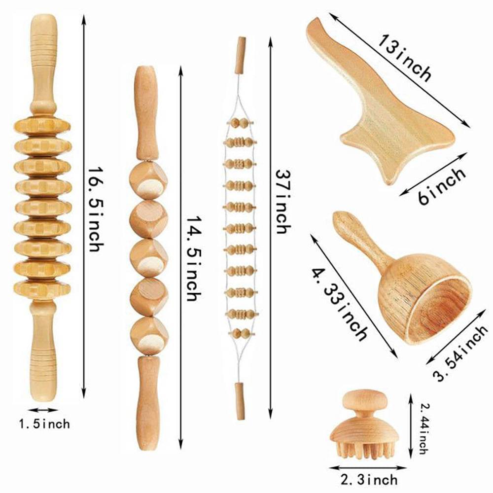 Beech wood therapy scraping cup, meridian dredging roller, tendon rolling stick, scraping board, head massager, massage set - MarvelouStoree