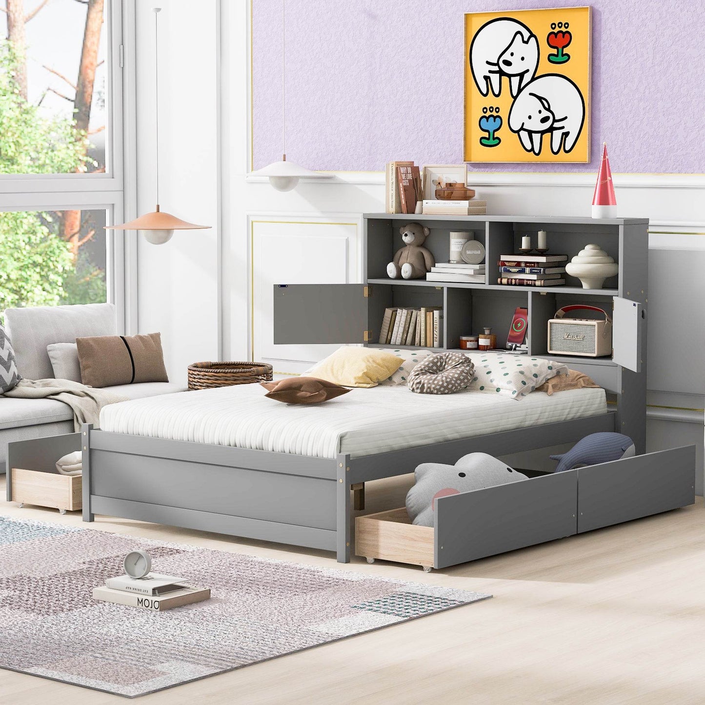 Full Size Platform Bed with Storage Headboard, Charging Station and 4 Drawers, Gray - MarvelouStoree