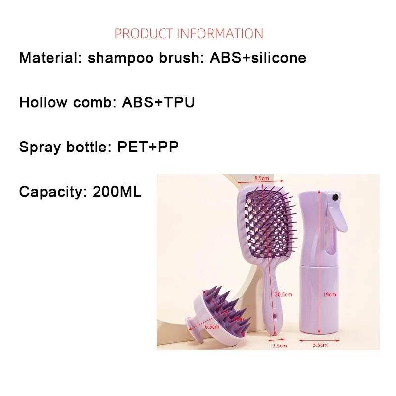 Hollow Comb Set With Spray Bottle 200ml Hair Care Product Set Silicone Shampoo Head Scalp Massage Brush - MarvelouStoree