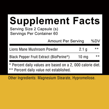 Lion’s Mane Capsules - Nootropic Brain Memory & Focus, for Mood and Sleep Health - 120 Capsules