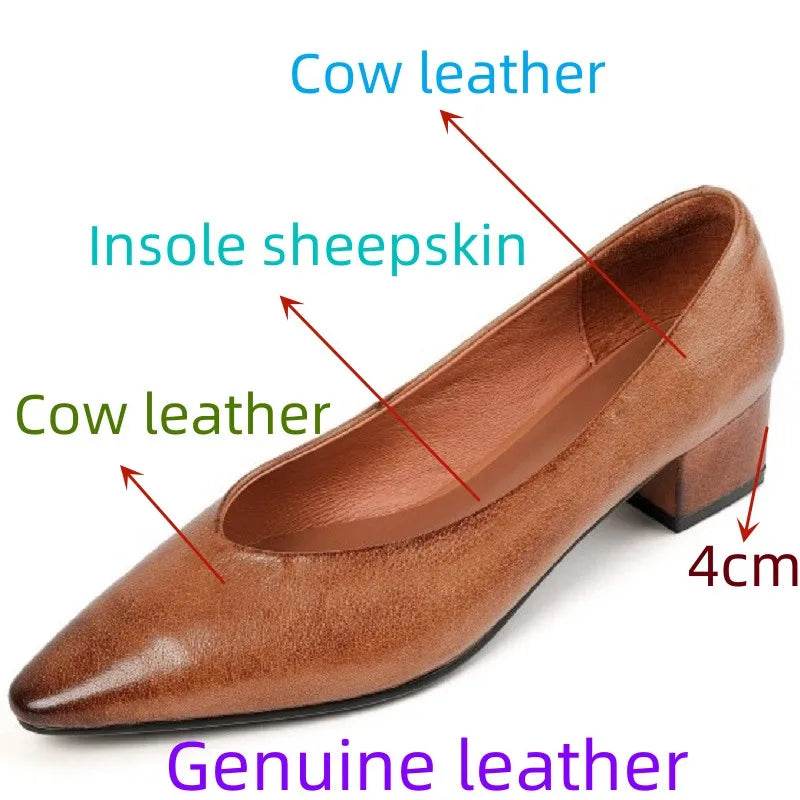 Classic Concise Women Pumps Thick Heels Genuine Leather Office Lady Working Mature Basic Shoes Spring Autumn 34-40 - MarvelouStoree