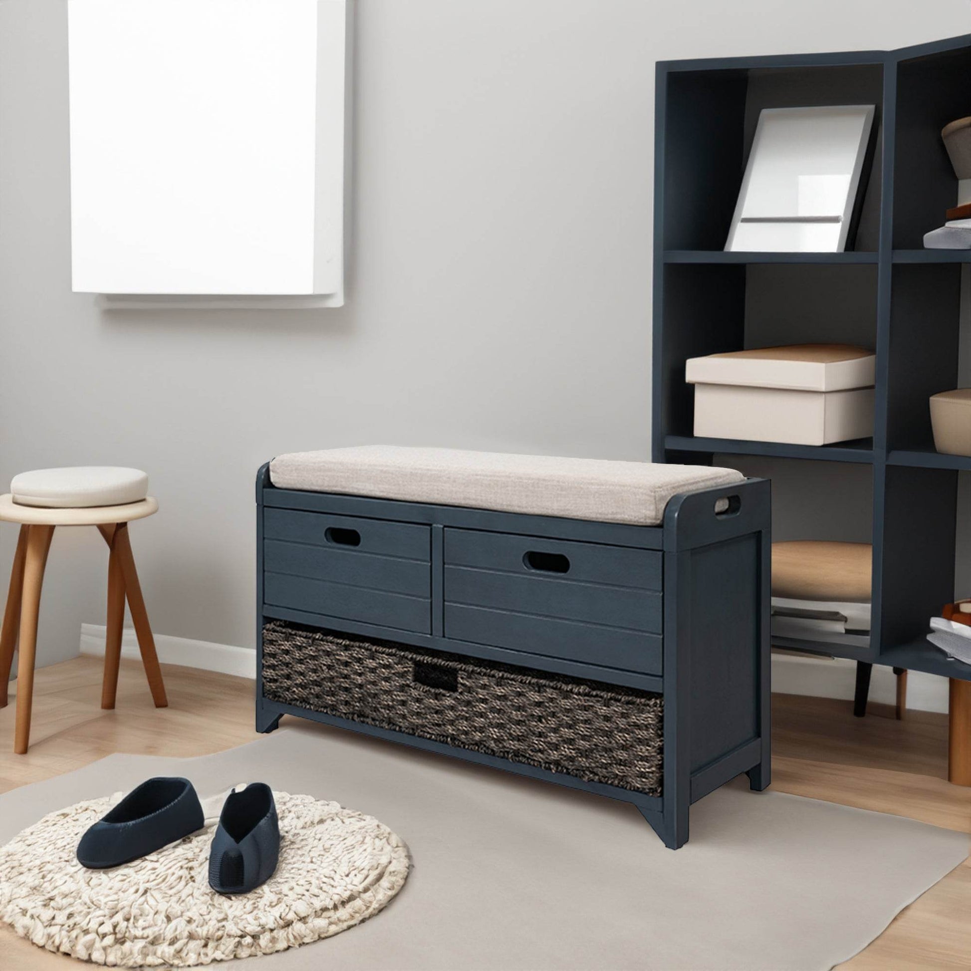 TREXM Storage Bench with Removable Basket and 2 Drawers, Fully Assembled Shoe Bench with Removable Cushion (Navy) - MarvelouStoree