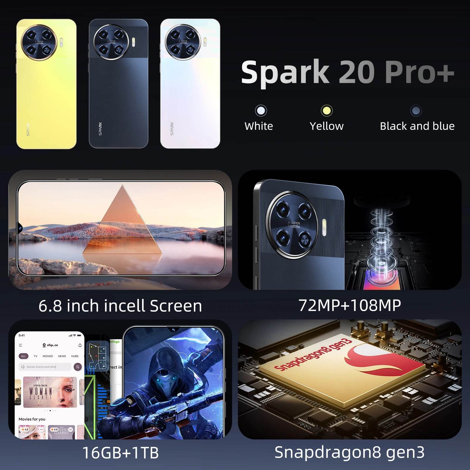 Spark 20 Pro+ Smartphone 6.8 inch Full Screen 4G/5G Cell Phone 16TB+1TB 6800mAh Mobile Phones 108MP Global Version Celulares - MarvelouStoree