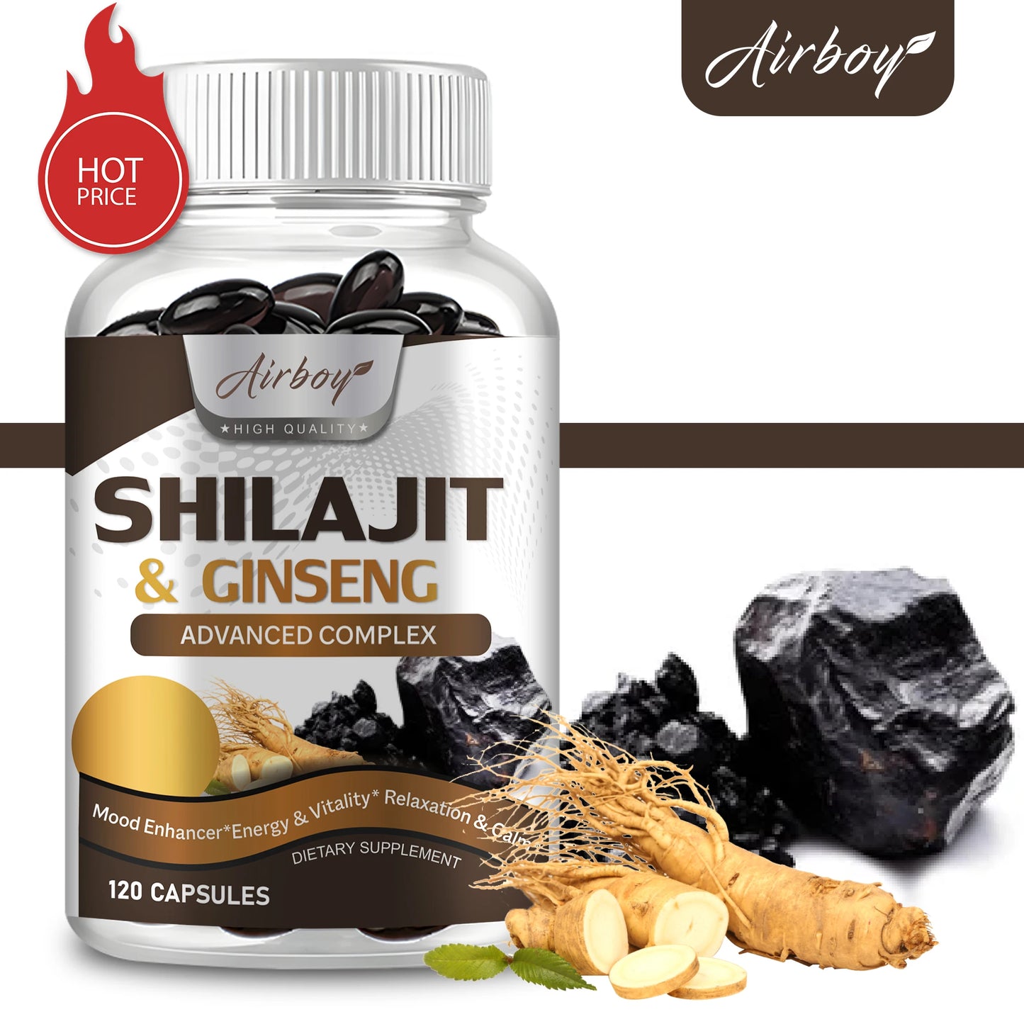 Shilajit & Ginseng Supplement - Provides Energy and Endurance, Enhances Brain & Memory, Immune Support - 120 Capsules