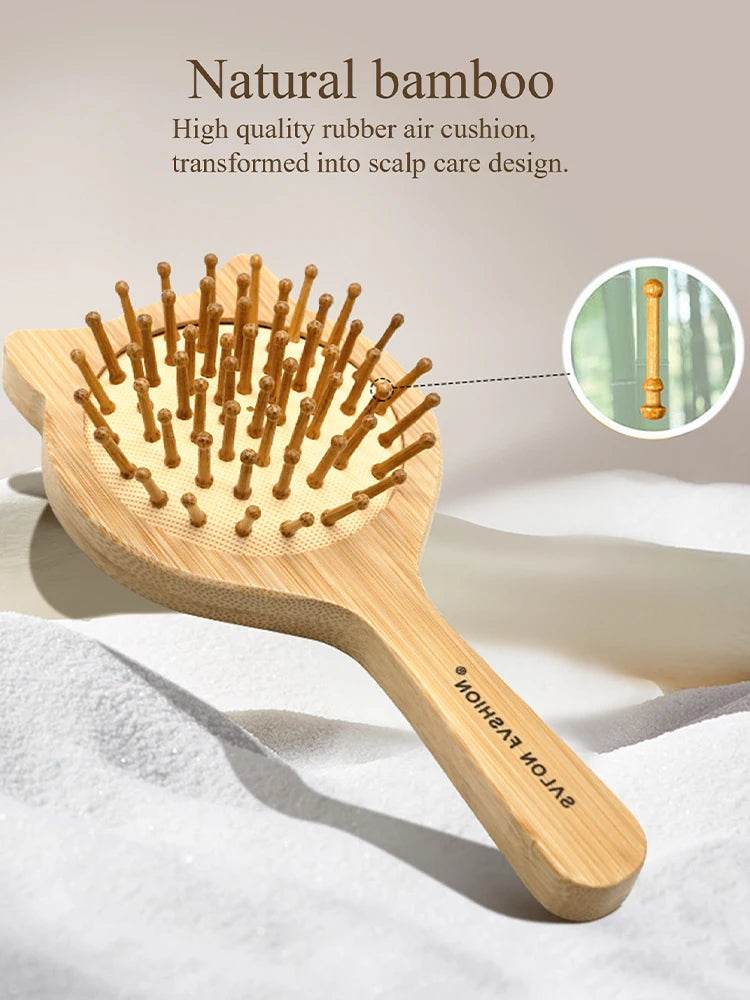 Eco Bamboo Hair Brush Nature Wooden Anti-Static Detangle Brush Hair Scalp Massage Comb Air Cushion Styling Tools for Women Men - MarvelouStoree