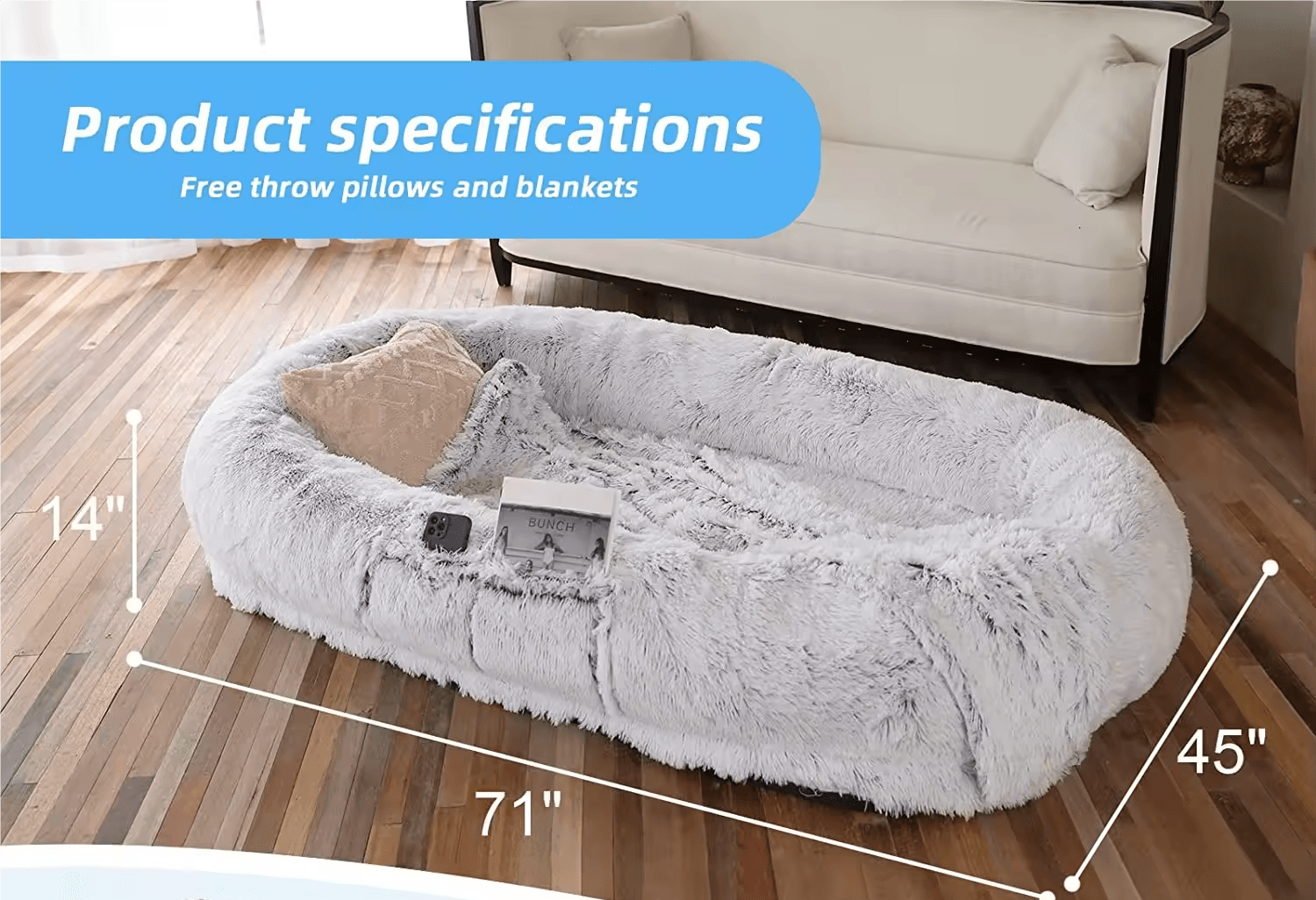 Human dog bed, size 71 inches x 40 inches x 12 inches, washable faux fur dog bed - gray - MarvelouStoree