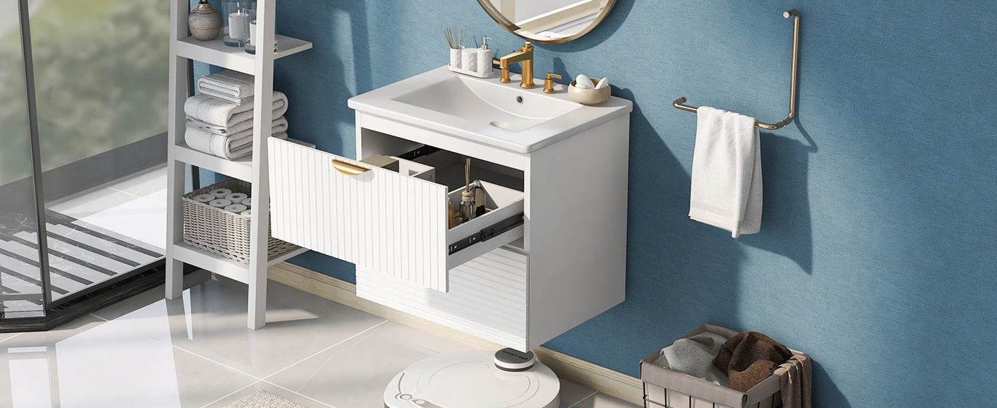 Modern 24-Inch Wall-Mounted Bathroom vanity with 2 Drawers, White - Ideal for Small Bathrooms - MarvelouStoree