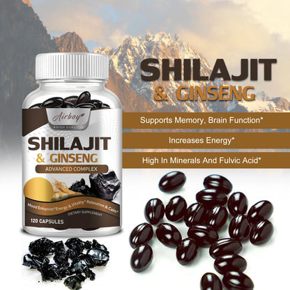 Shilajit & Ginseng Supplement - Provides Energy and Endurance, Enhances Brain & Memory, Immune Support - 120 Capsules