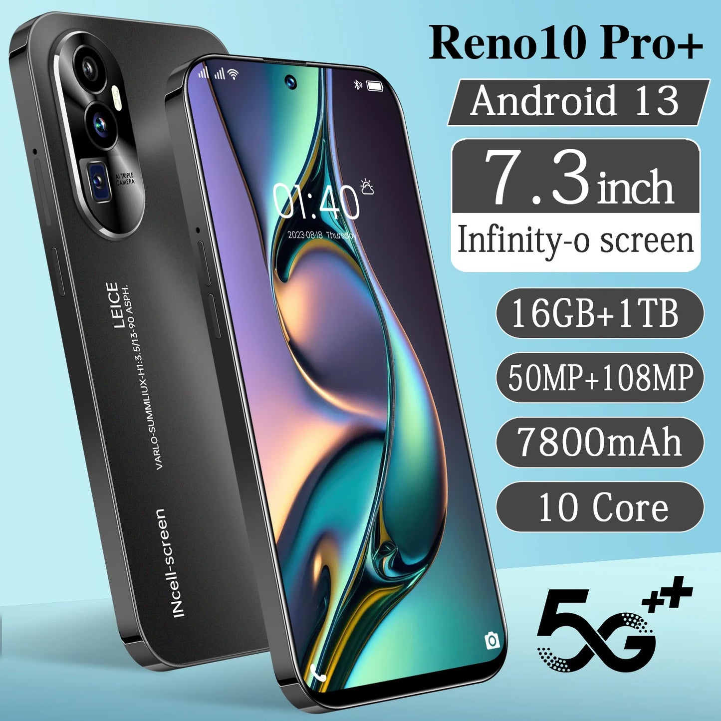 New Reno10 Pro+ Smartphone 7.3inch Full Screen 4G/5G Cell Phone 16TB+1TB 7800mAh Mobile Phones 108MP Global Version Celulares