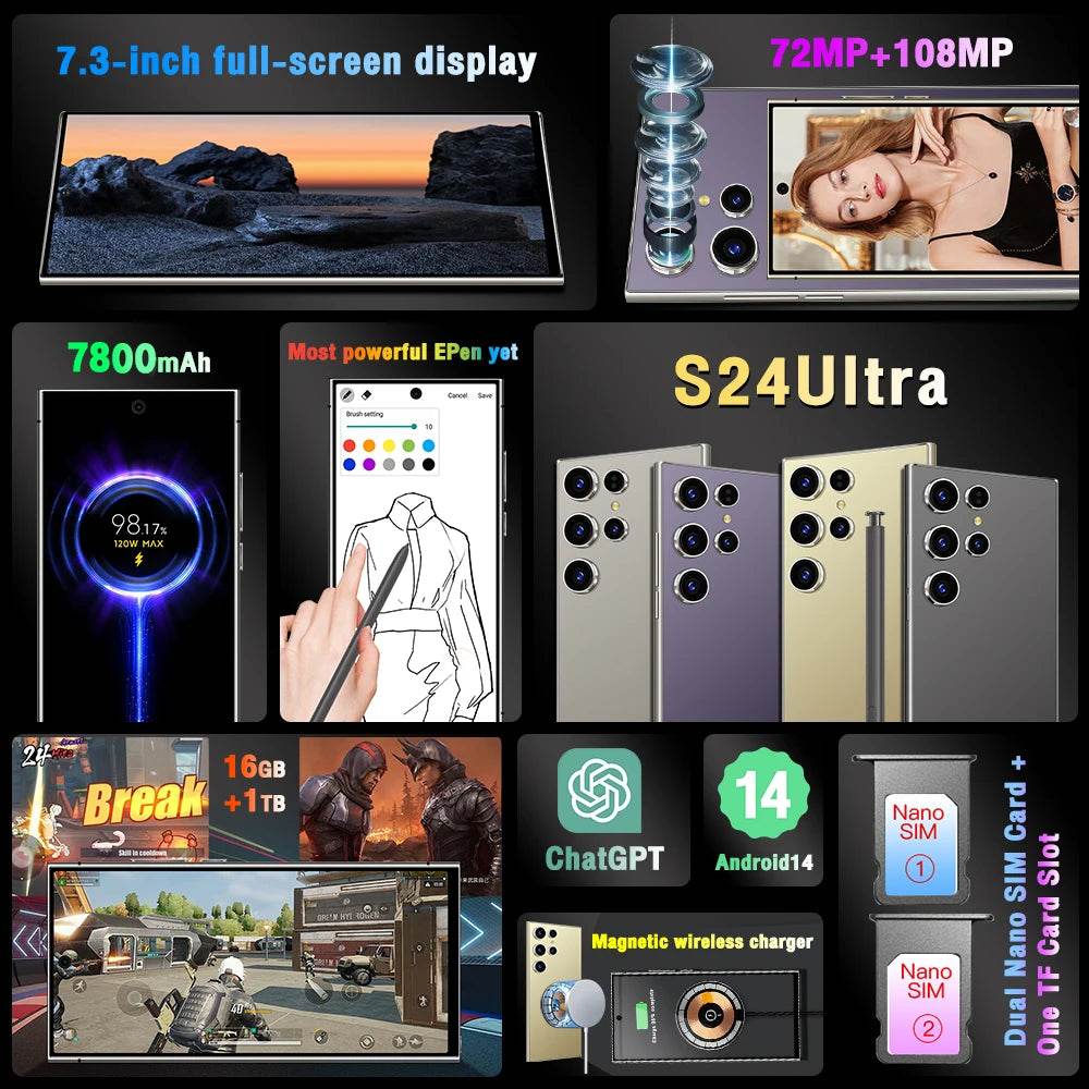 2024 S24 Ultra Smartphone 6.8 inch CASE Full Screen 4G/5G Cell Phone 16TB+1TB 6800mAh Mobile Phones 108MP Global Version Celulares - MarvelouStoree