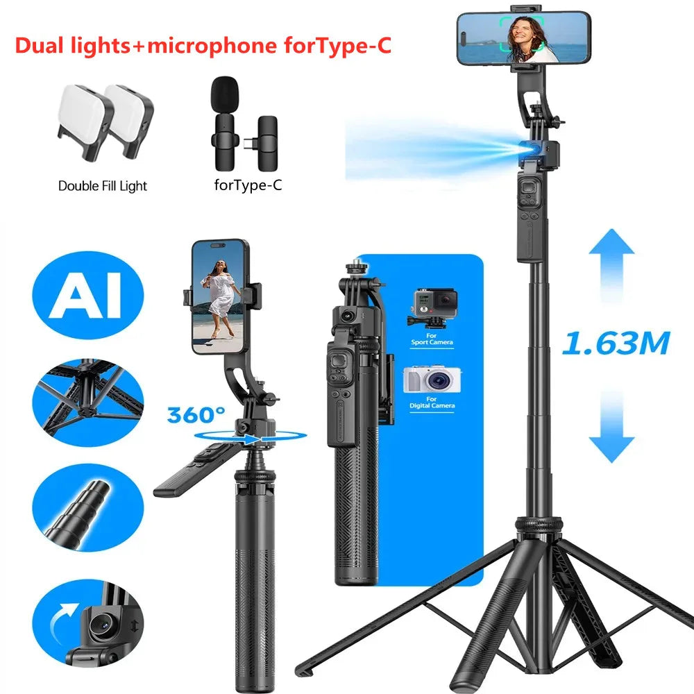 Selfie stick Tripod gimbal for Cell Phone 360°Auto-Rotation AI Tracking Stabilizer Shooting Quadrapod with Optional Fill Light