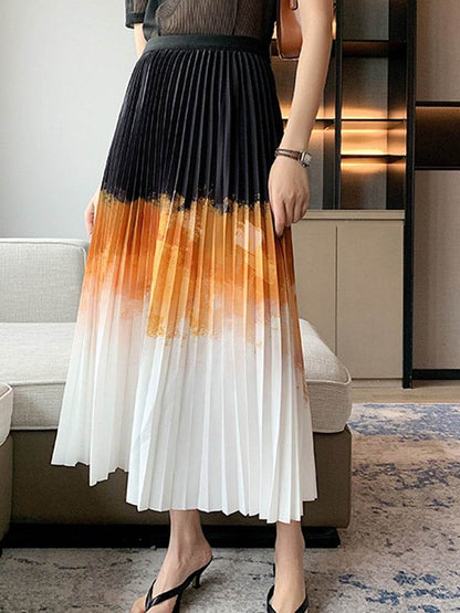 New Spring Autumn High Elastic Waist Brown Gradual Color Long Pleated Half-body Skirt Women Fashion - MarvelouStoree