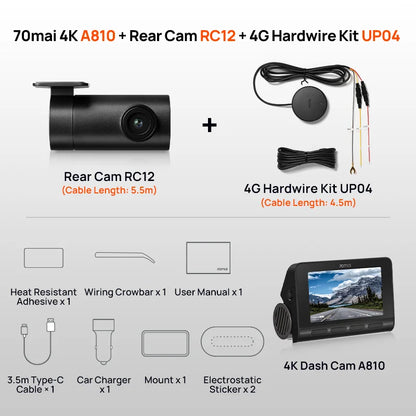 70mai 4K Dash Cam A810 Ultra HD Built-in GPS ADAS Auto Record 150FOV Motion Detection 70mai A810 4G Car DVR Support Rear Cam