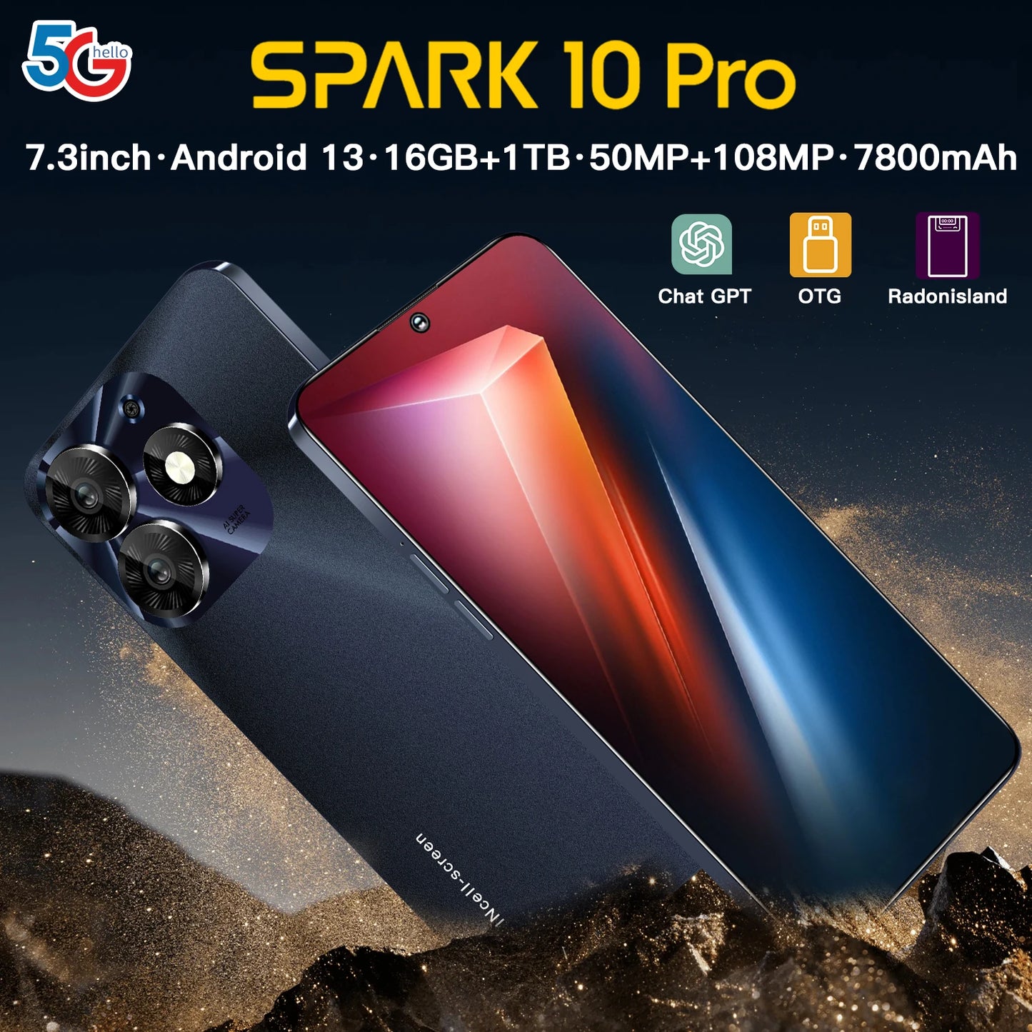 Spark 10 Pro New Smartphone 7.3inch Full Screen 4G/5G Cell Phone 16TB+1TB 7800mAh Mobile Phones 108MP Global Version Celulares