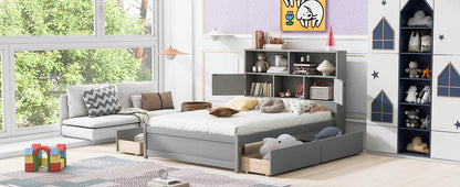 Full Size Platform Bed with Storage Headboard, Charging Station and 4 Drawers, Gray - MarvelouStoree