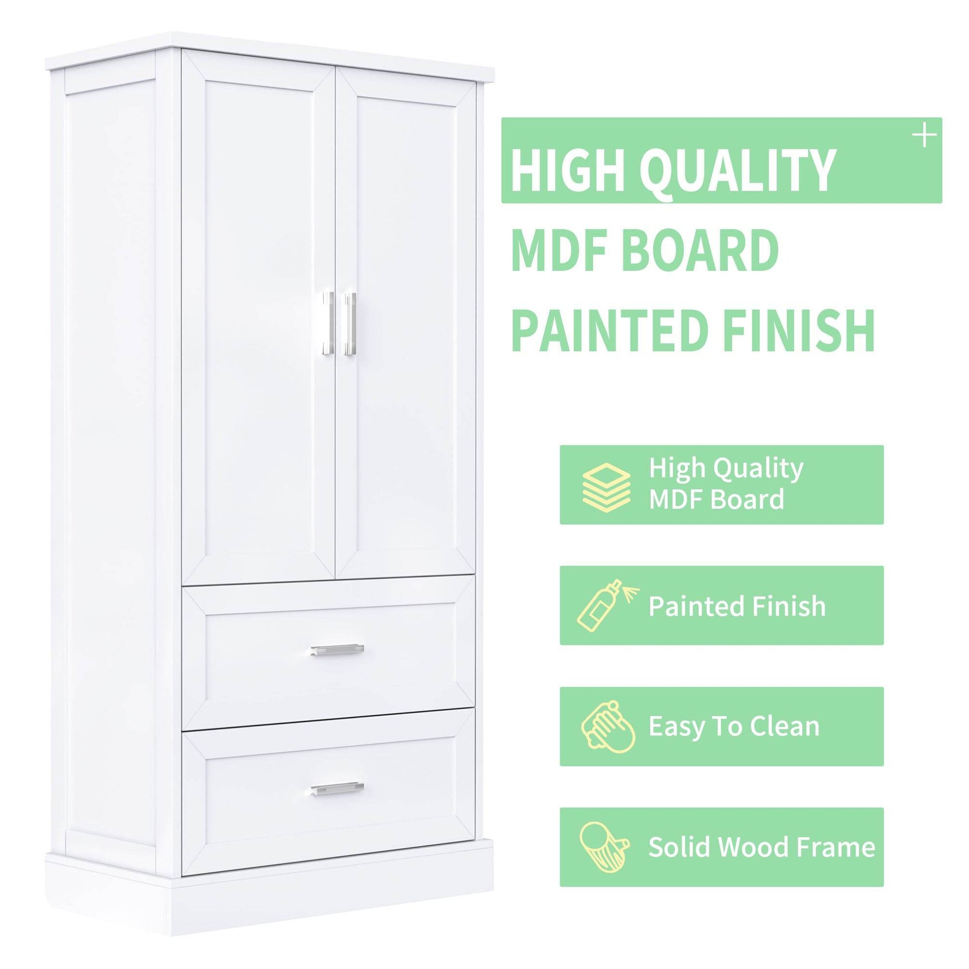 Tall Bathroom Storage Cabinet, Cabinet with Two Doors and Drawers, Adjustable Shelf, MDF Board, White - MarvelouStoree