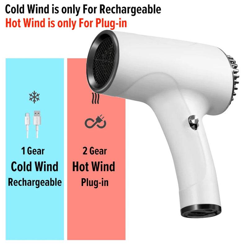 2600mAh Cordless Anion Blow Dryer Portable Hair Dryer 40/500W USB Rechargeable Powerful 2 Gears for Household Travel Salon - MarvelouStoree