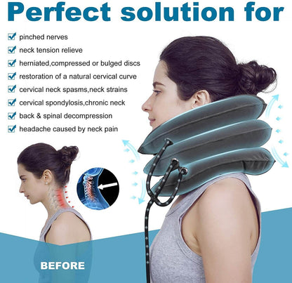 Cervical Traction Device Neck Support Pillow Inflatable Adjustable Neck Stretcher Three-Layer Inflatable Neck Pillow - MarvelouStoree