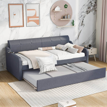 Twin Size Upholstery DayBed with Trundle and USB Charging Design Trundle can be flat or erected Gray - MarvelouStoree