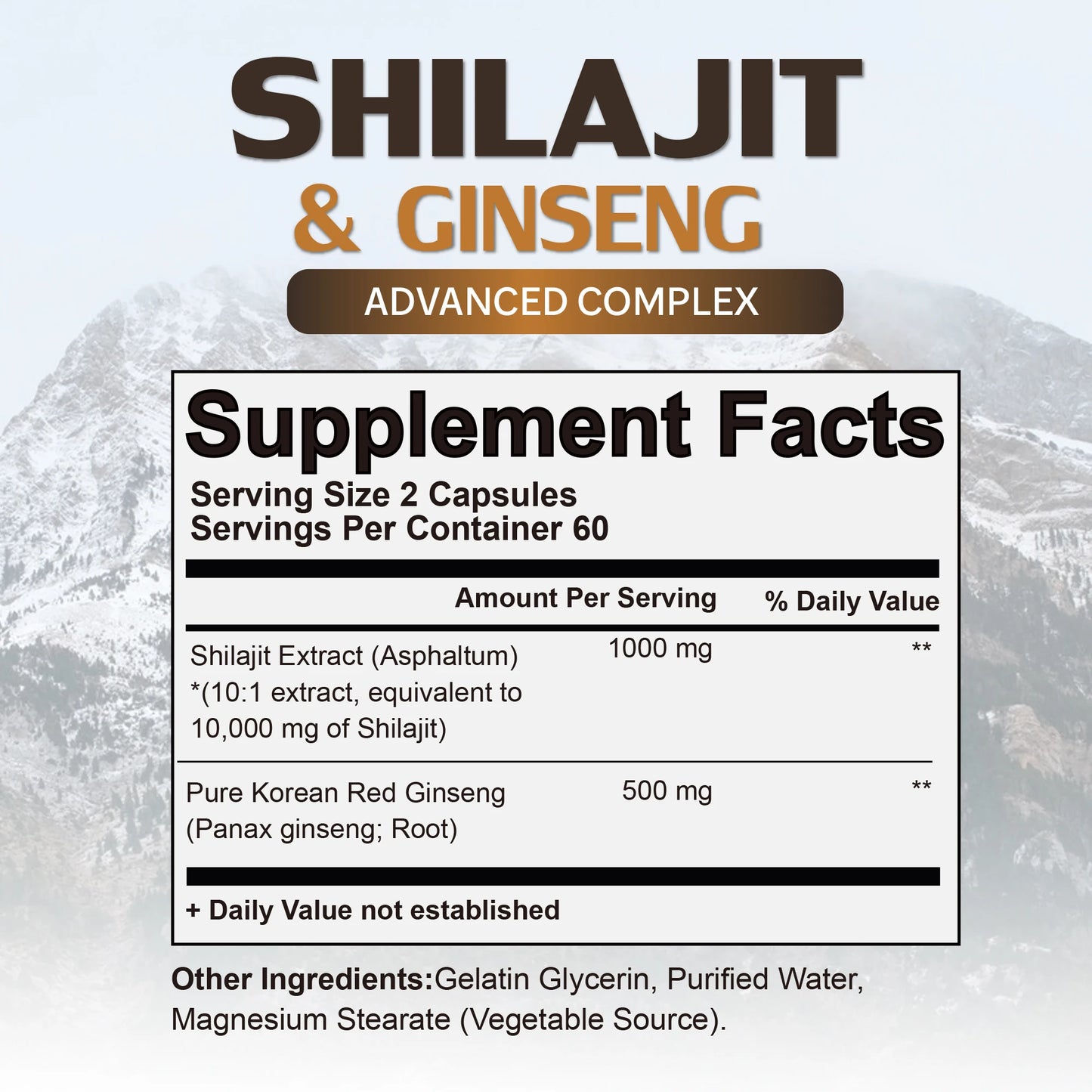 Shilajit & Ginseng Supplement - Provides Energy and Endurance, Enhances Brain & Memory, Immune Support - 120 Capsules