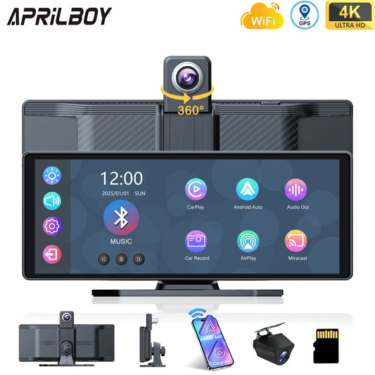 Aprilboy 10.26" Car Intelligent Screen with 4K 360° Rotation Dash Cam Wireless CarPlay & Android Auto AUX FM Bluetooth WIFI