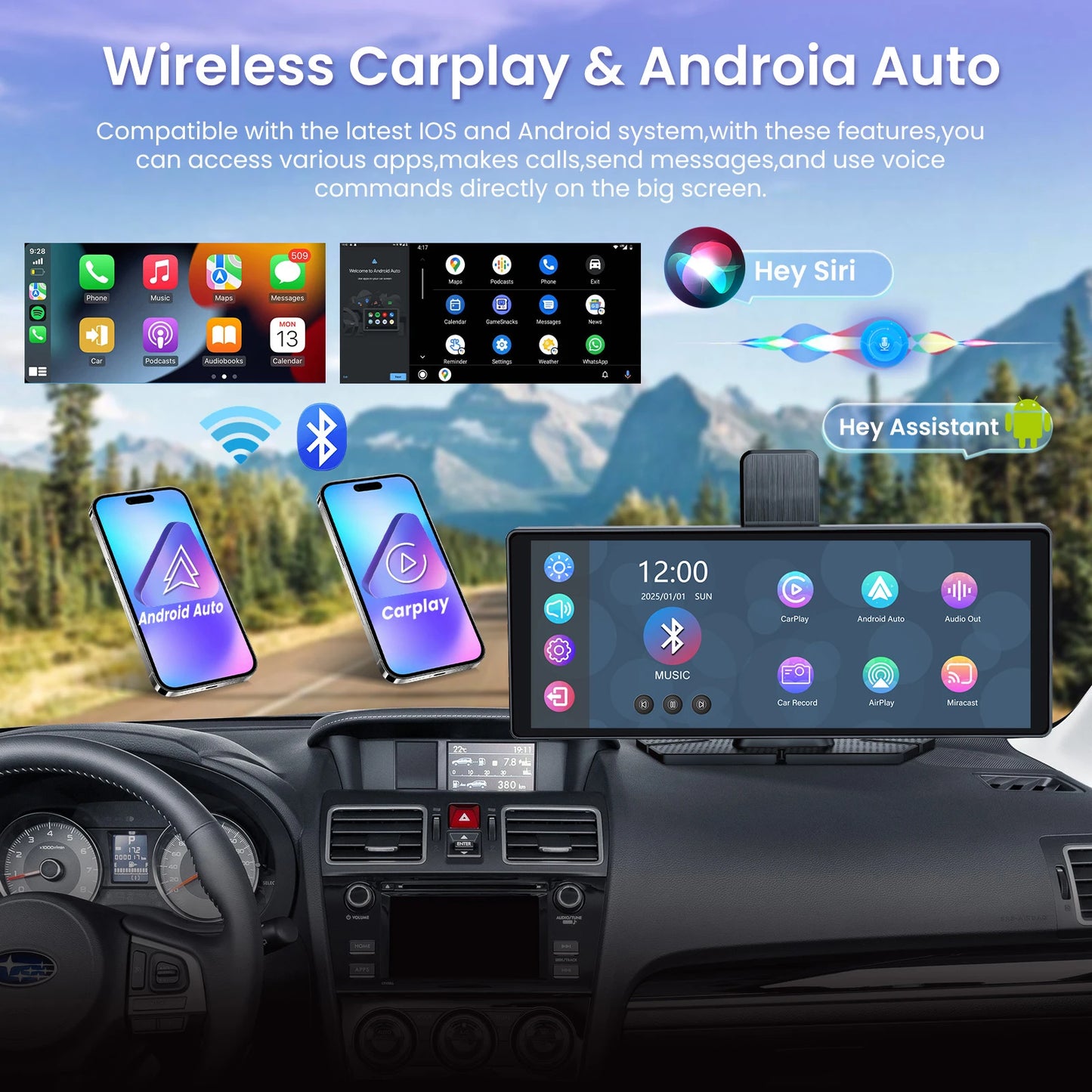 Aprilboy 10.26" Car Intelligent Screen with 4K 360° Rotation Dash Cam Wireless CarPlay & Android Auto AUX FM Bluetooth WIFI