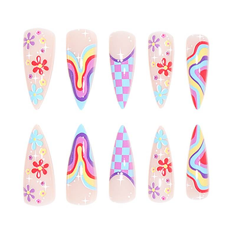 European and American wearable fake nails multi-color corrugated small flower checkerboard nails - MarvelouStoree