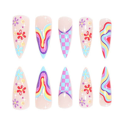 European and American wearable fake nails multi-color corrugated small flower checkerboard nails - MarvelouStoree