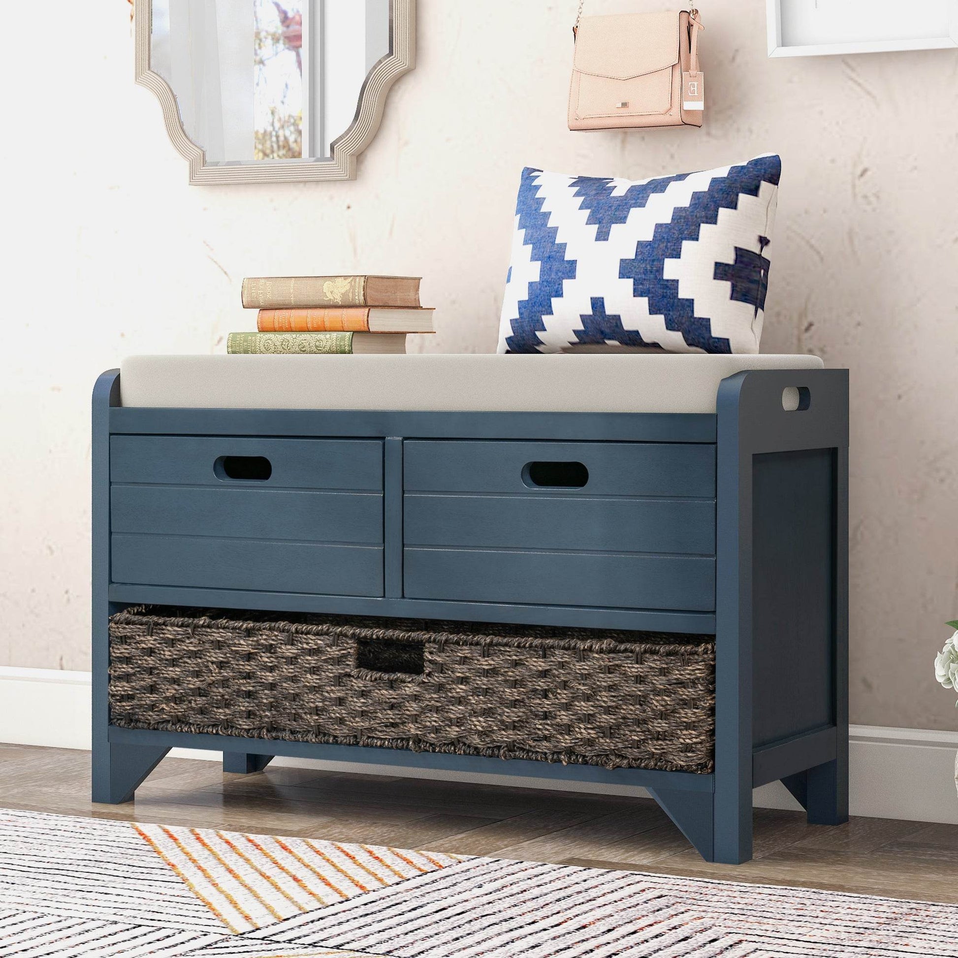 TREXM Storage Bench with Removable Basket and 2 Drawers, Fully Assembled Shoe Bench with Removable Cushion (Navy) - MarvelouStoree