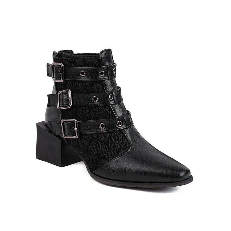 40-48 Ladies Chunky Heel Booties Colorblock Belt Buckle Back Zip Mid Heel Biker Boots - MarvelouStoree