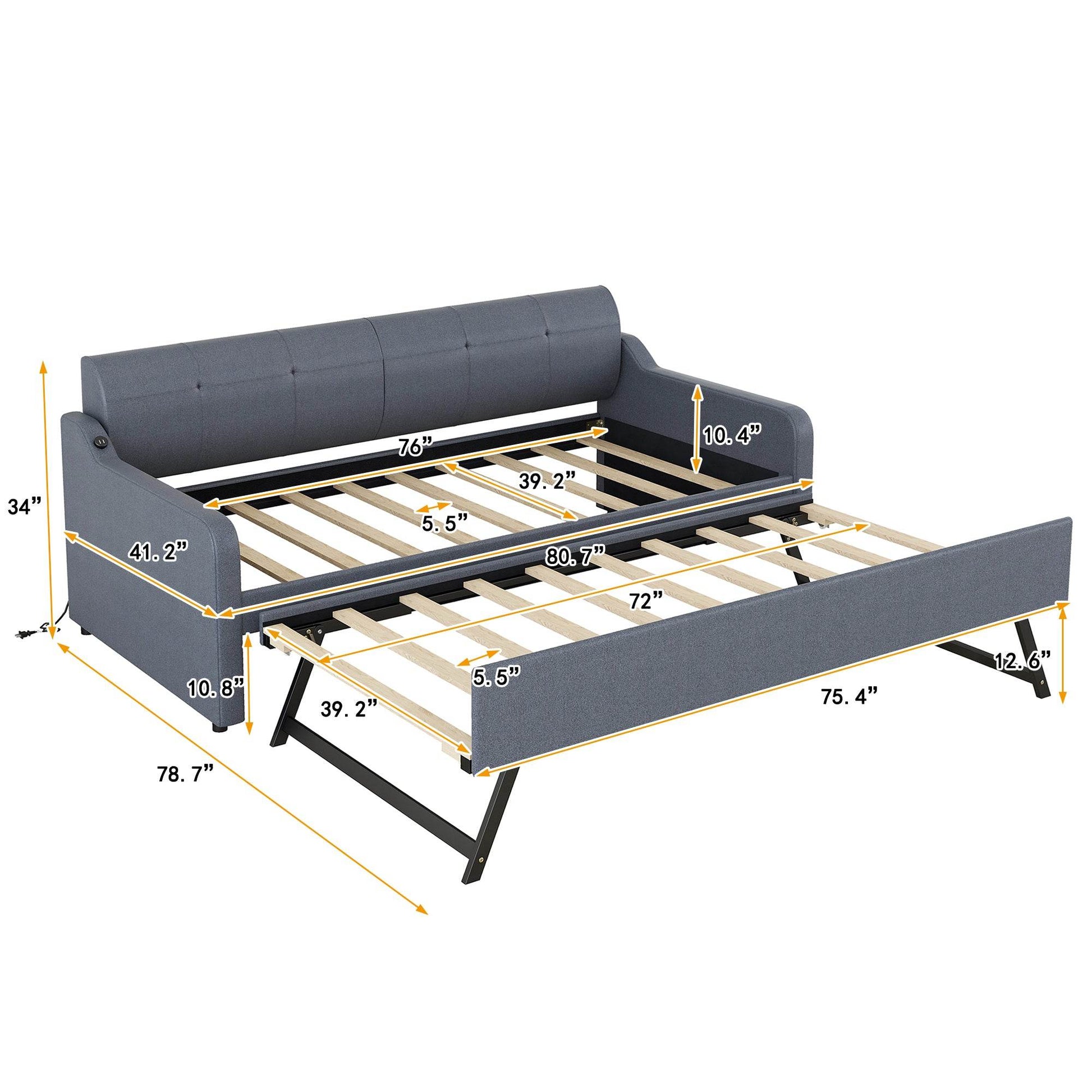 Twin Size Upholstery DayBed with Trundle and USB Charging Design Trundle can be flat or erected Gray - MarvelouStoree