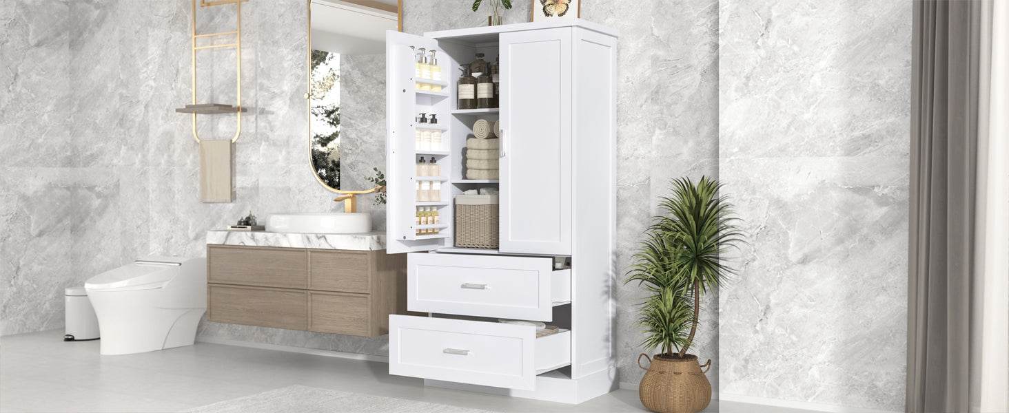 Tall Bathroom Storage Cabinet, Cabinet with Two Doors and Drawers, Adjustable Shelf, MDF Board, White - MarvelouStoree