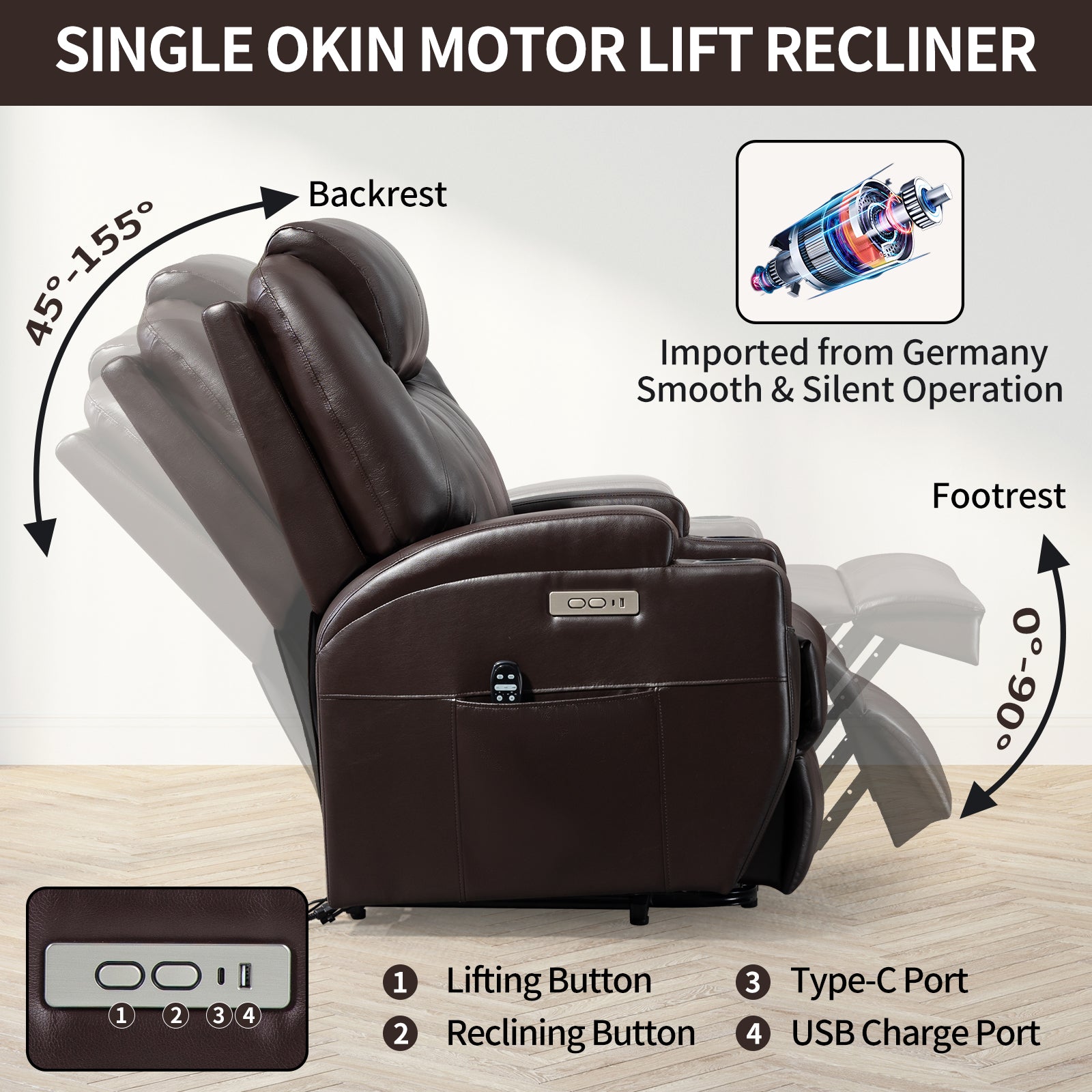 Up to 350lbs Okin Motor Power Lift Recliner Chair for Elderly Brown