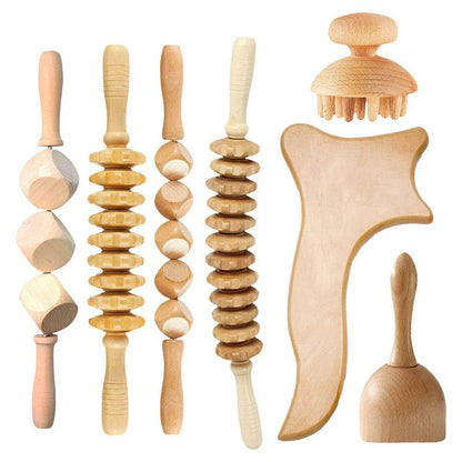 Beech wood therapy scraping cup, meridian dredging roller, tendon rolling stick, scraping board, head massager, massage set - MarvelouStoree