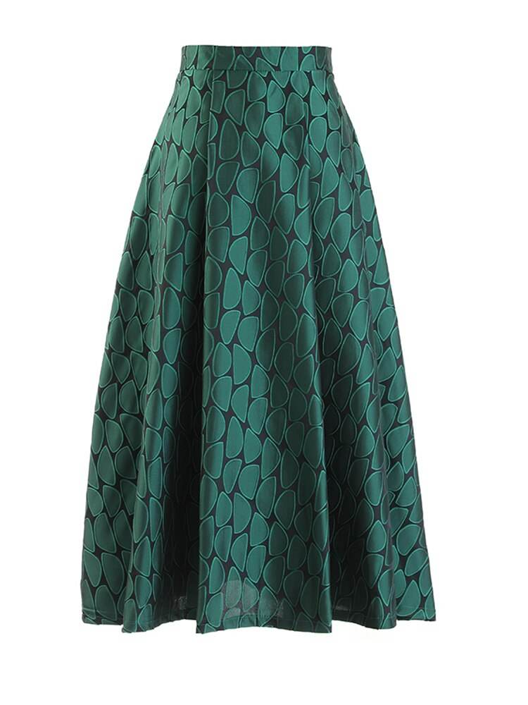 High Waist Green Pattern Printed Long Elegant A-line Half-body Skirt Women Fashion New Spring Autumn - MarvelouStoree