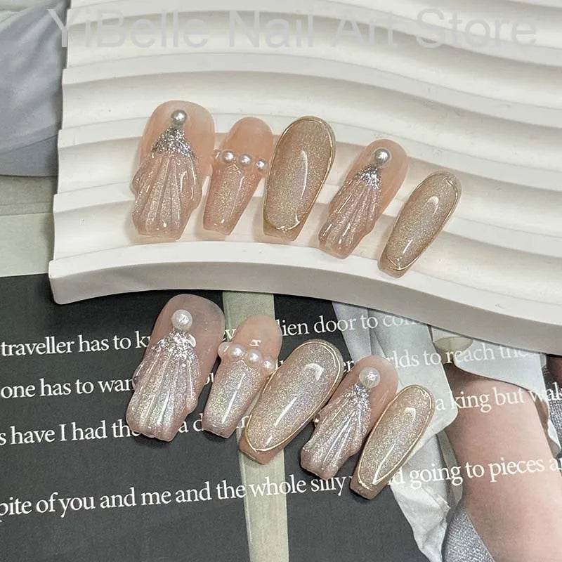 Sea Shells Handmade Press on Nails Ballerina Professional Wearable Reusable False Nail Tip Nail Art With Shiny Pearl - MarvelouStoree