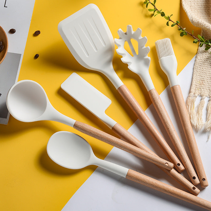 Milky White Silicone Kitchen Set Non-Stick Silicone Kitchen Utensils Cooking Spatula 10-Piece Set With Storage Bucket