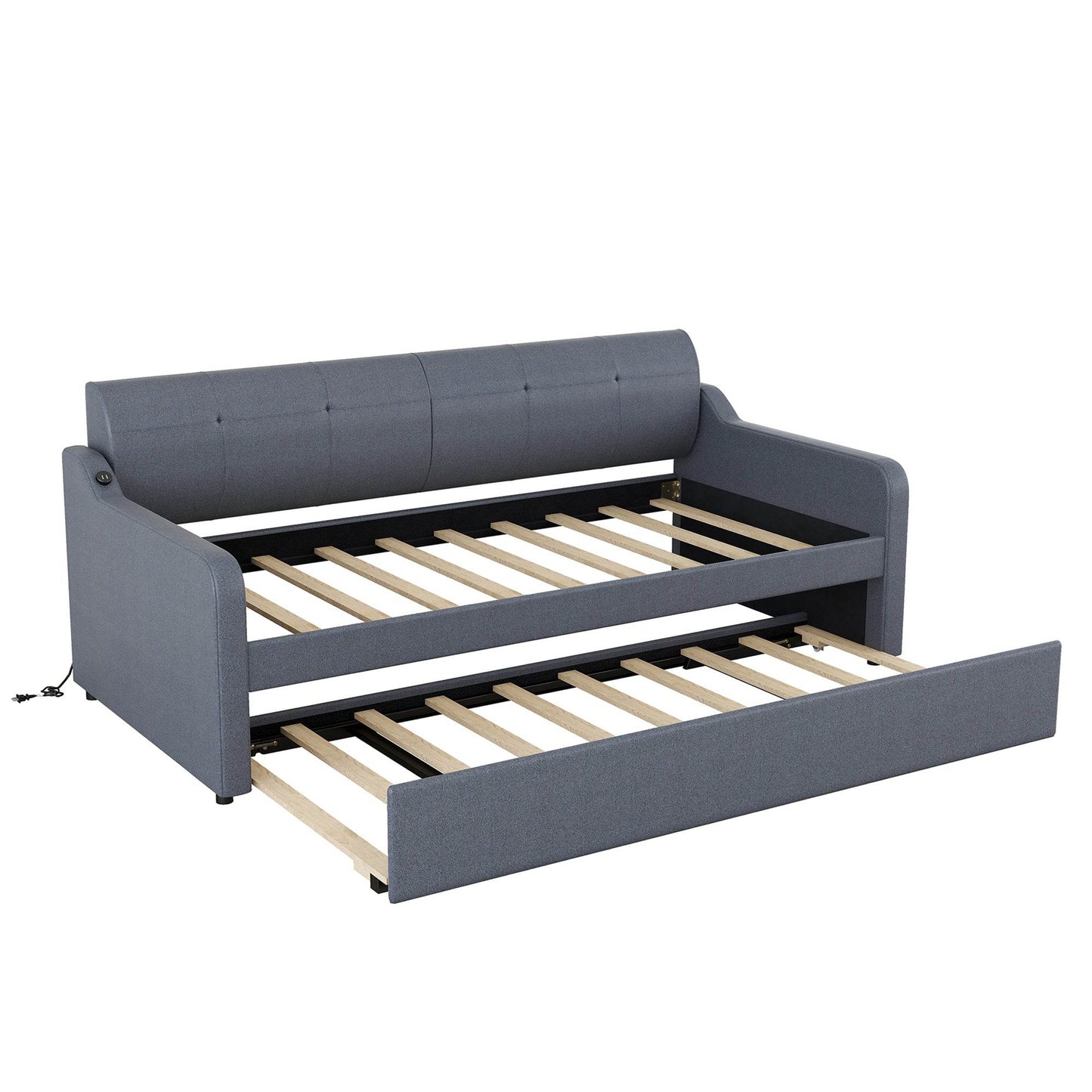 Twin Size Upholstery DayBed with Trundle and USB Charging Design Trundle can be flat or erected Gray - MarvelouStoree