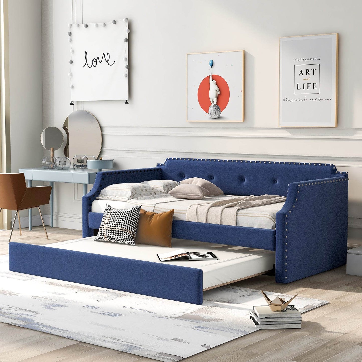 Upholstered Daybed with Trundle, Wood Slat Support,Upholstered Frame Sofa Bed Twin Blue - MarvelouStoree