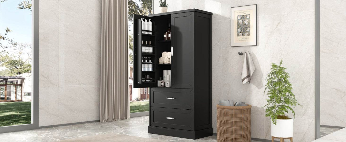 Tall Bathroom Storage Cabinet, Cabinet with Two Doors and Drawers, Adjustable Shelf, MDF Board, Black - MarvelouStoree