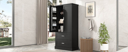 Tall Bathroom Storage Cabinet, Cabinet with Two Doors and Drawers, Adjustable Shelf, MDF Board, Black - MarvelouStoree