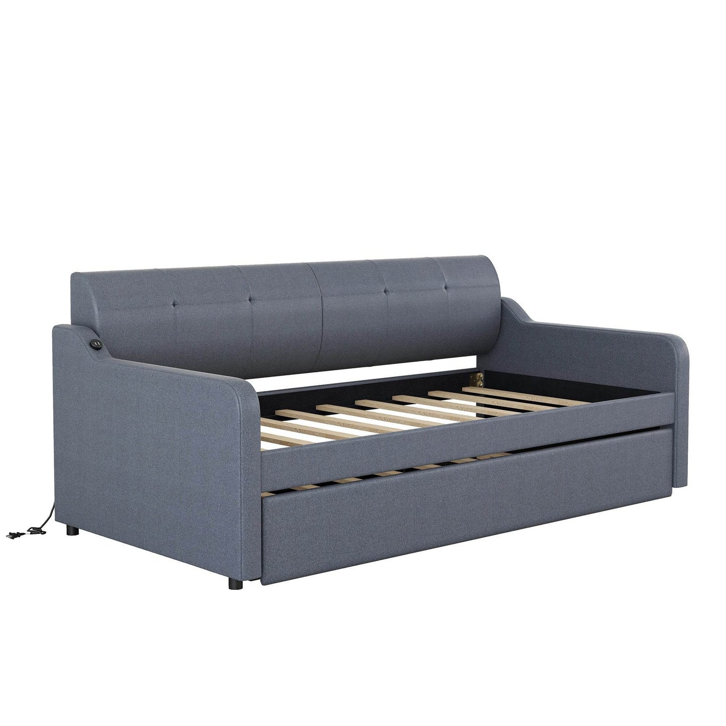 Twin Size Upholstery DayBed with Trundle and USB Charging Design Trundle can be flat or erected Gray - MarvelouStoree