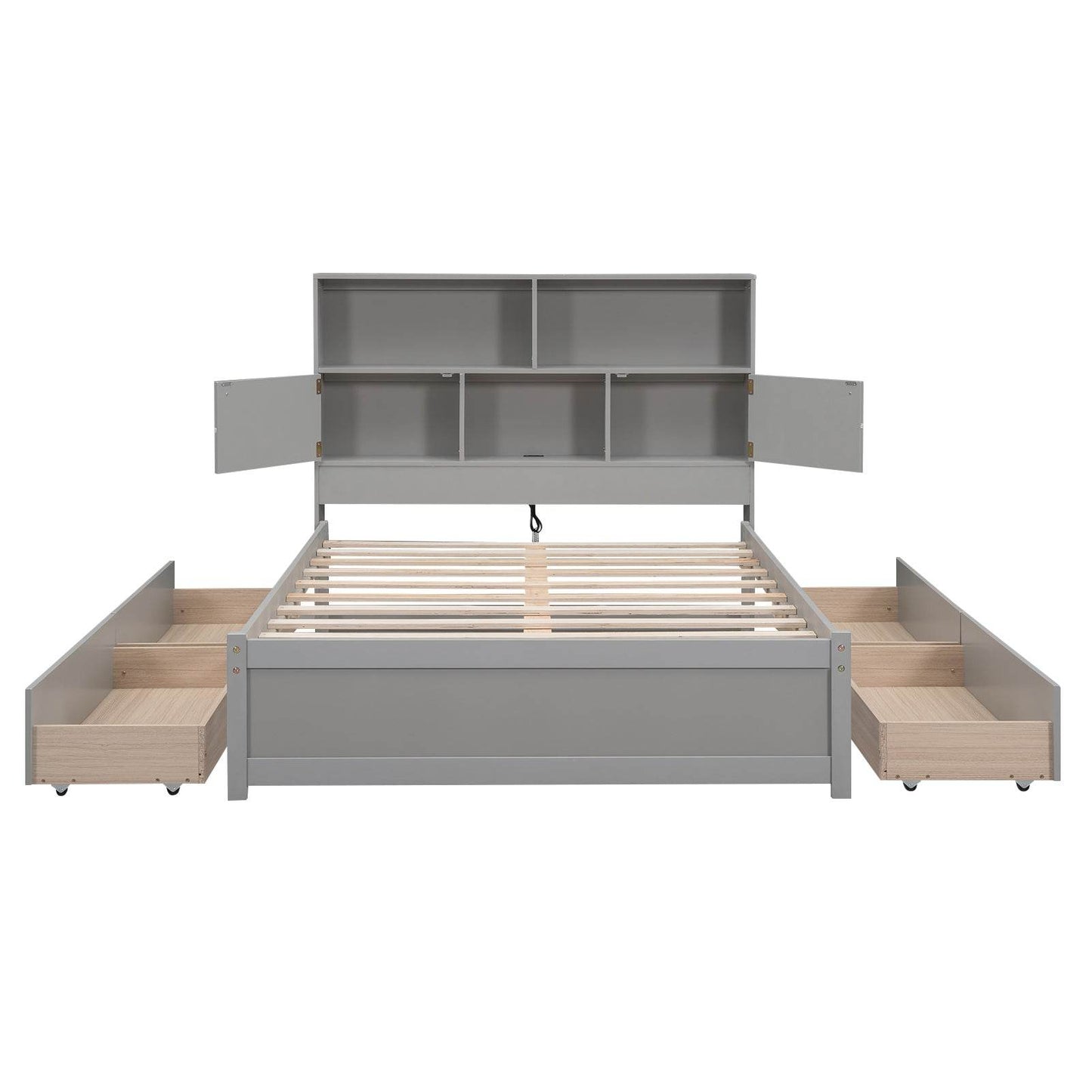 Full Size Platform Bed with Storage Headboard, Charging Station and 4 Drawers, Gray - MarvelouStoree