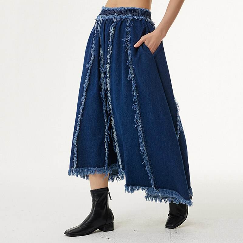 High Elastic Waist Blue Irreuglar Burr Long Casual Half-body Skirt Women Fashion New Spring Autumn - MarvelouStoree