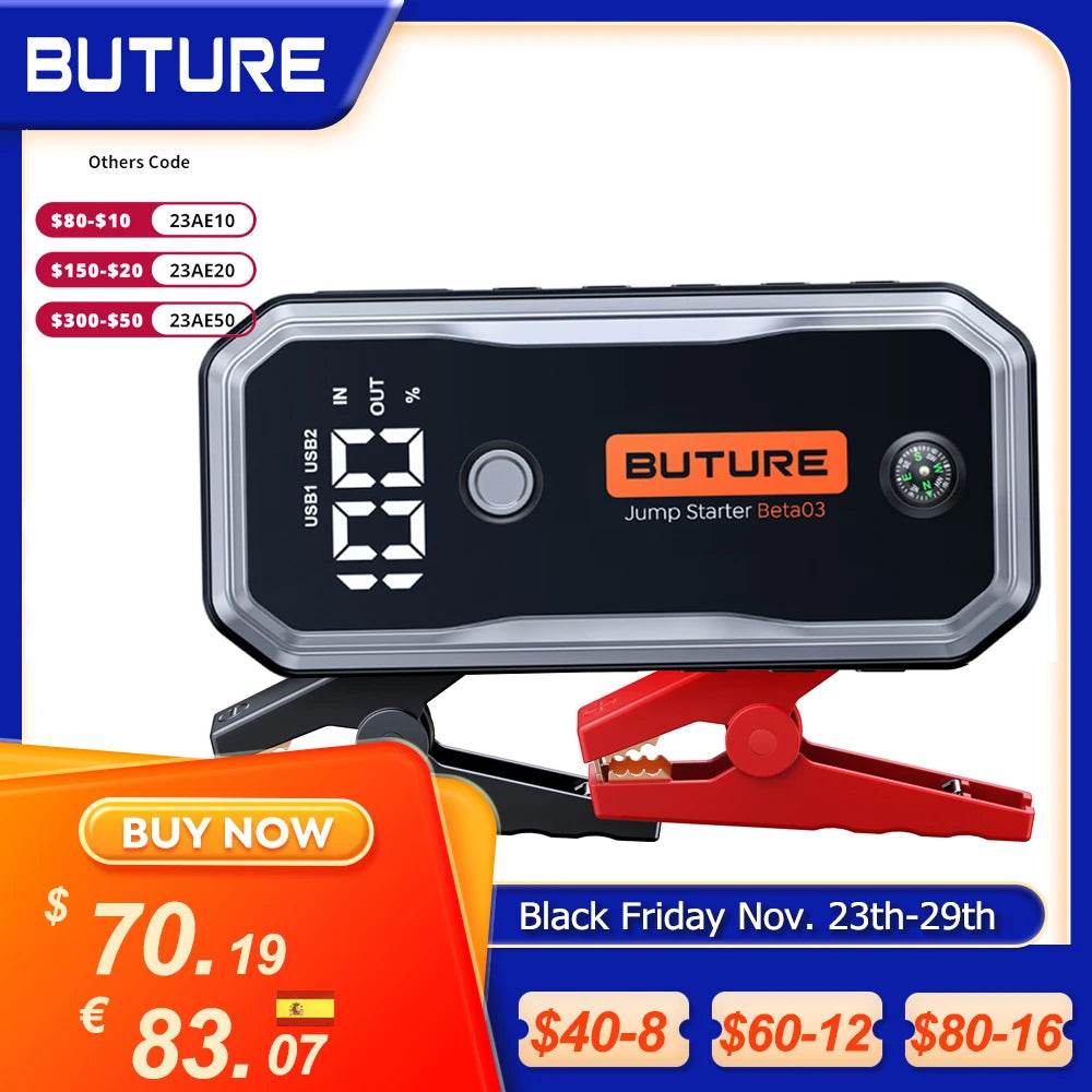 BUTURE 5000A Jump Starter 160W DC Quick Charge 26800 mAh Car Power Bank Portable For Emergency Booster Starting Device - MarvelouStoree