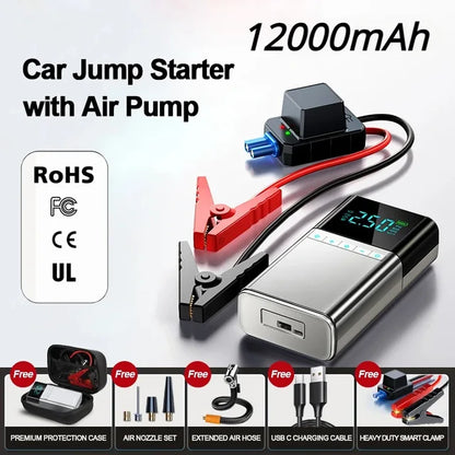 BUVAYE Car Jump Starter Air Pump 4 in 1 Portable Air Compressor Battery Booster With Power Bank LED Light EVA Bag For 12V Cars