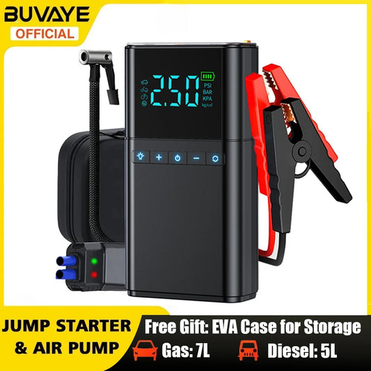 BUVAYE Car Jump Starter Air Pump 4 in 1 Portable Air Compressor Battery Booster With Power Bank LED Light EVA Bag For 12V Cars