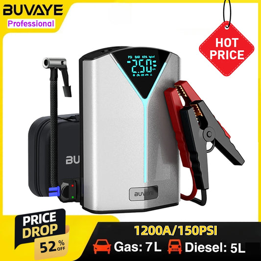 BUVAYE Car Jump Starter with Built-in Air Compressor 4 in 1 Multifunctional Air Pumpr 1200A/150PSI Starting and Tire Inflation