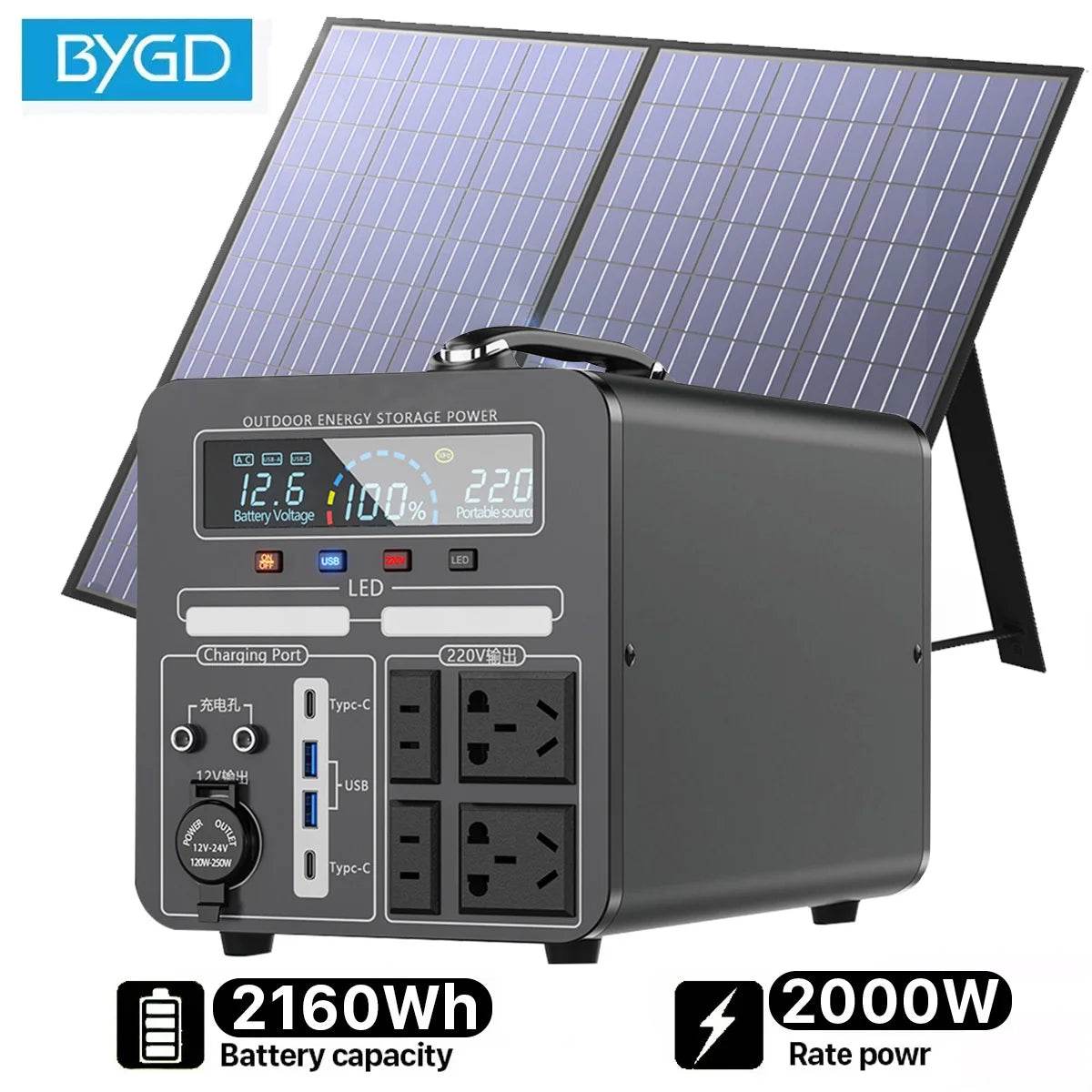 BYGD Portable Power Station 2000W Solar Electric Generator Fast Charging 220V Powerful Power Banks 2160Wh Lifepo4 Battery 12V DC - MarvelouStoree